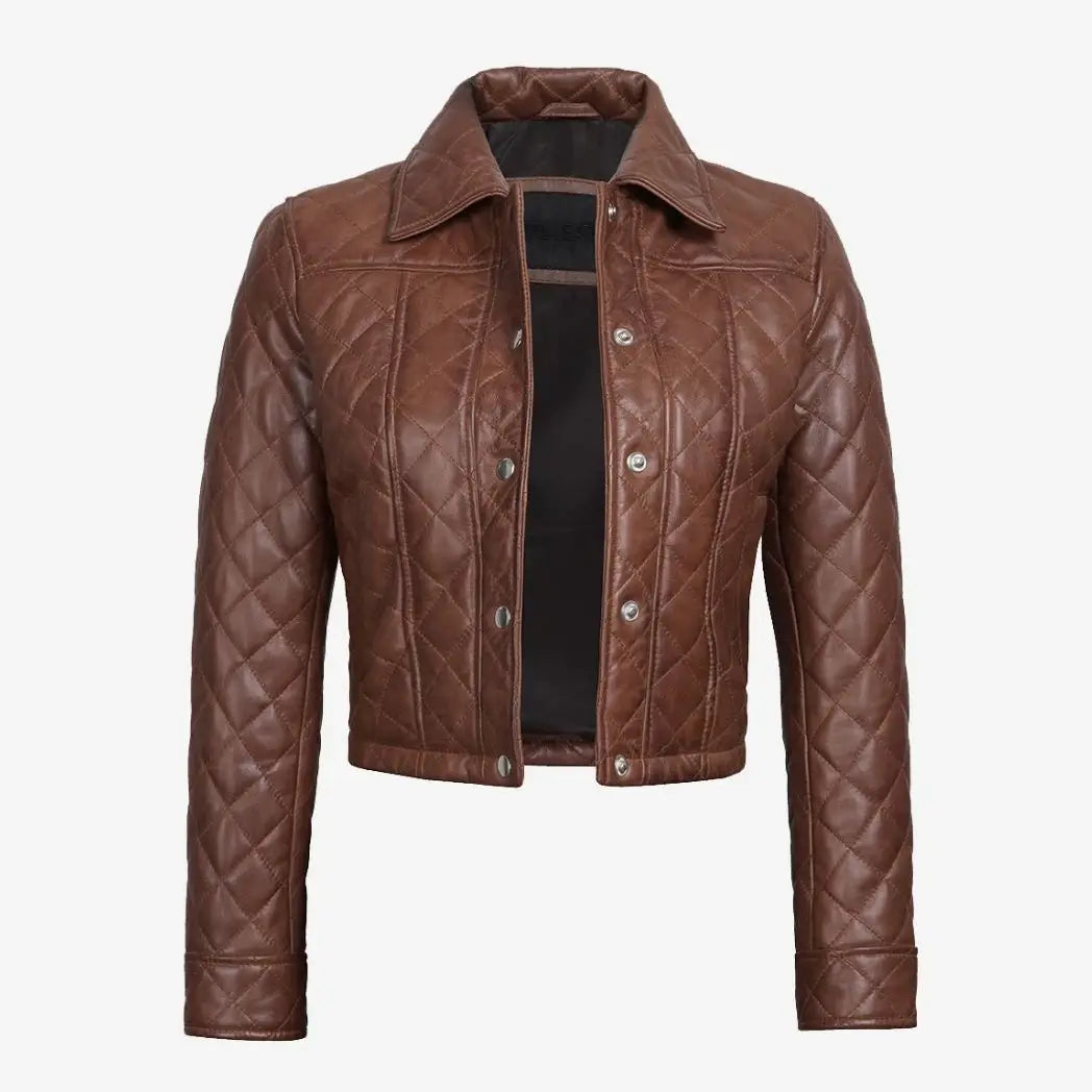 Sowachi Women's Quilted Cropped Cognac Real Leather Jacket