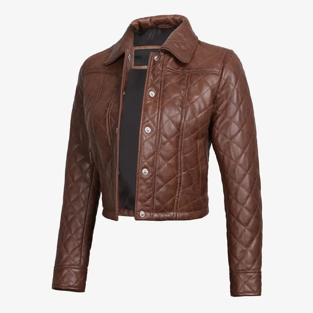 Sowachi Women's Quilted Cropped Cognac Real Leather Jacket