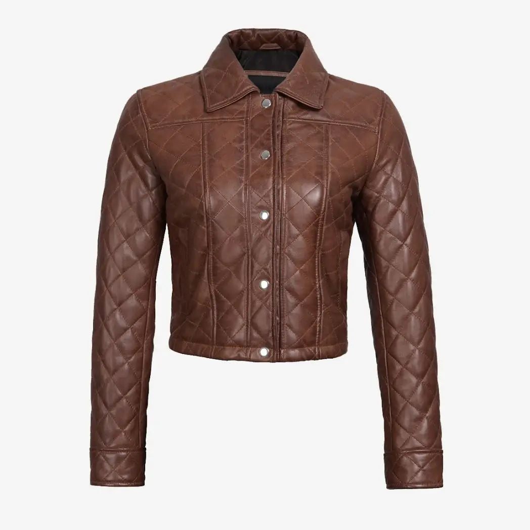 Sowachi Women's Quilted Cropped Cognac Real Leather Jacket