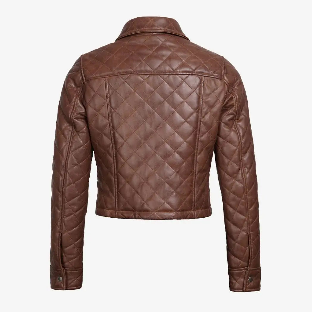 Sowachi Women's Quilted Cropped Cognac Real Leather Jacket