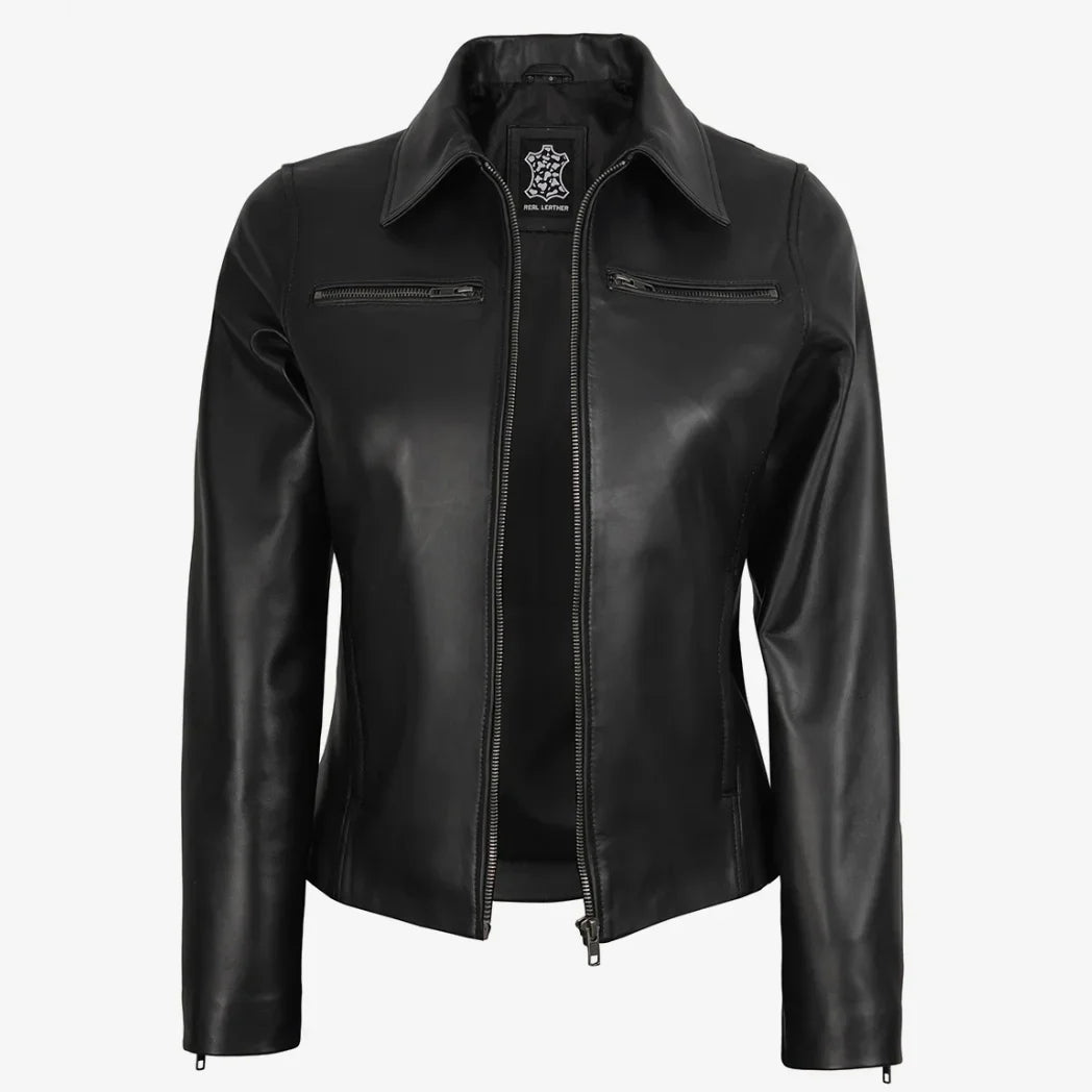 Sowachi Women's Real Black Harrington Lambskin Leather Jacket