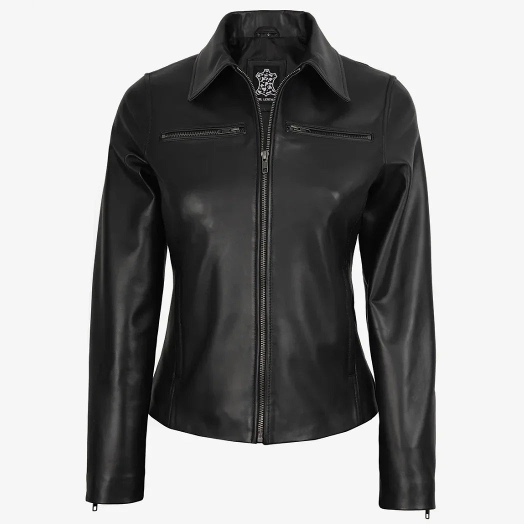 Sowachi Women's Real Black Harrington Lambskin Leather Jacket