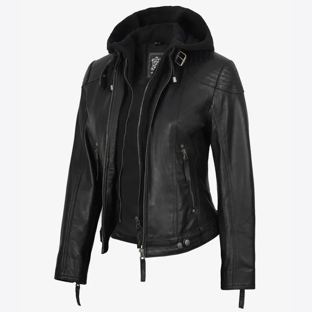 Sowachi Women's Real Black Lambskin Leather Jacket With Hood
