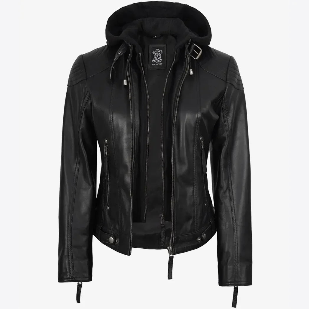 Sowachi Women's Real Black Lambskin Leather Jacket With Hood