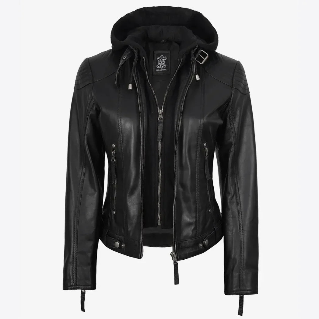 Sowachi Women's Real Black Lambskin Leather Jacket With Hood