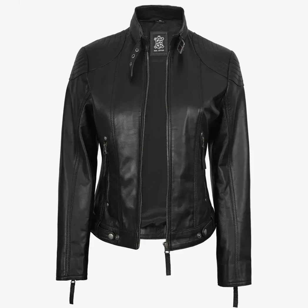 Sowachi Women's Real Black Lambskin Leather Jacket With Hood