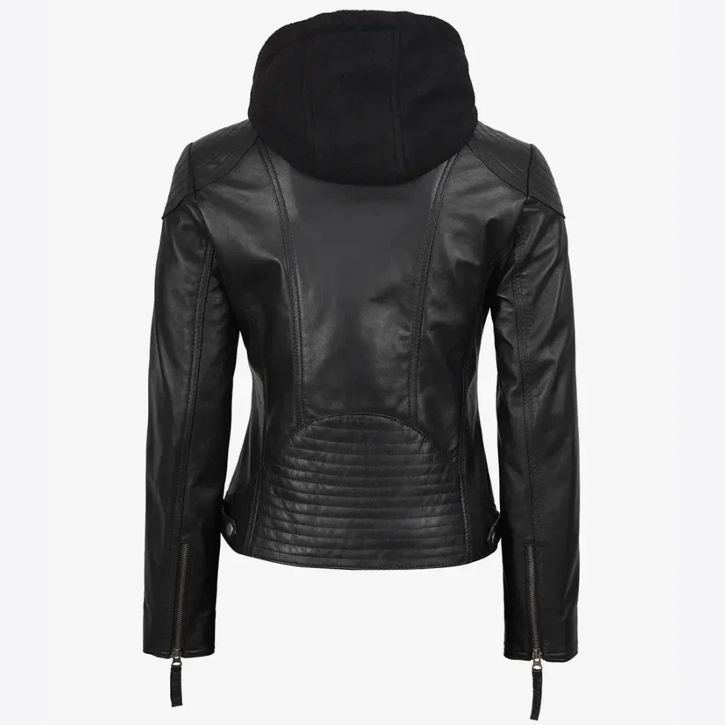 Sowachi Women's Real Black Lambskin Leather Jacket With Hood