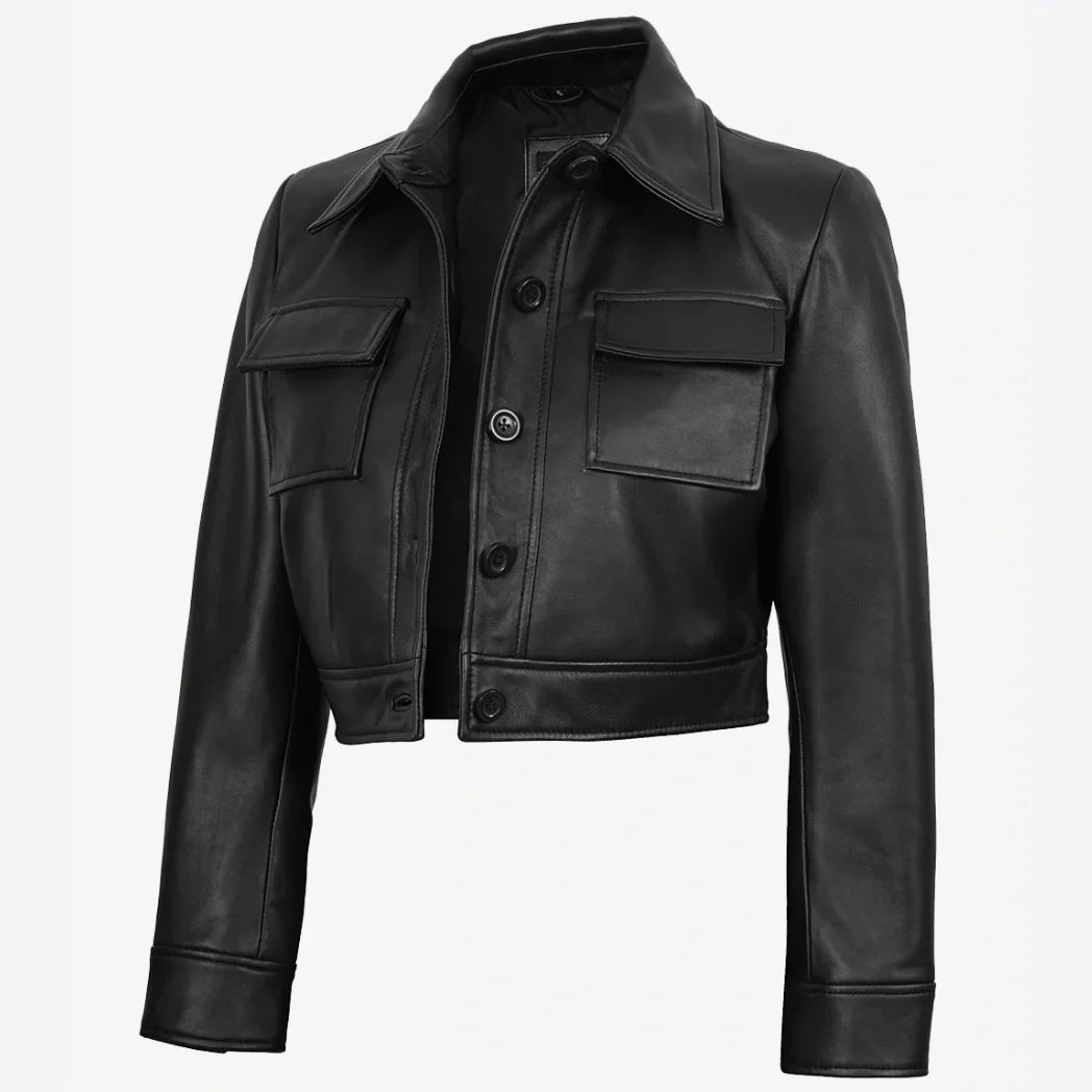 Sowachi Women's Real Lambskin Leather Black Cropped Trucker Jacket