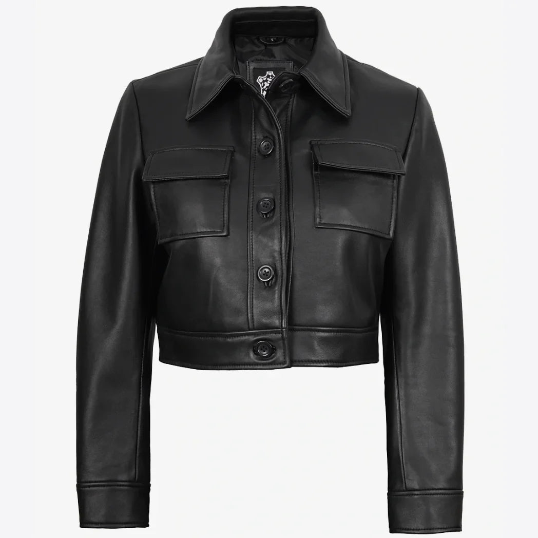 Sowachi Women's Real Lambskin Leather Black Cropped Trucker Jacket