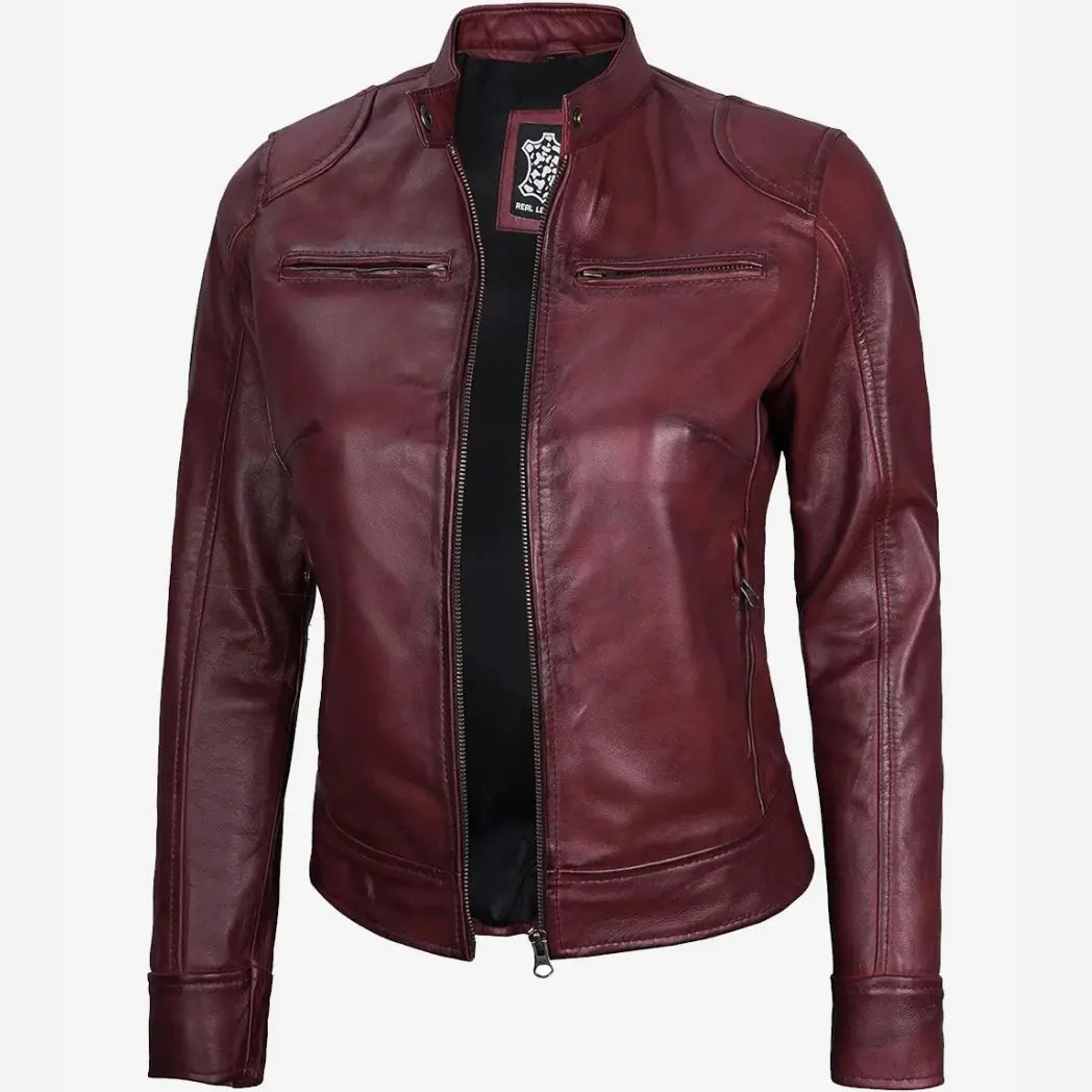 Sowachi Women's Real Lambskin Leather Burgundy Biker Style Jacket