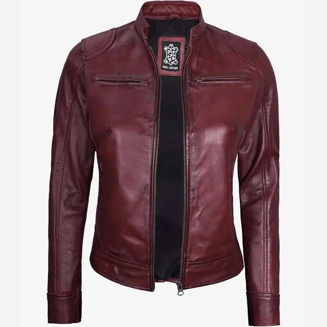 Sowachi Women's Real Lambskin Leather Burgundy Biker Style Jacket