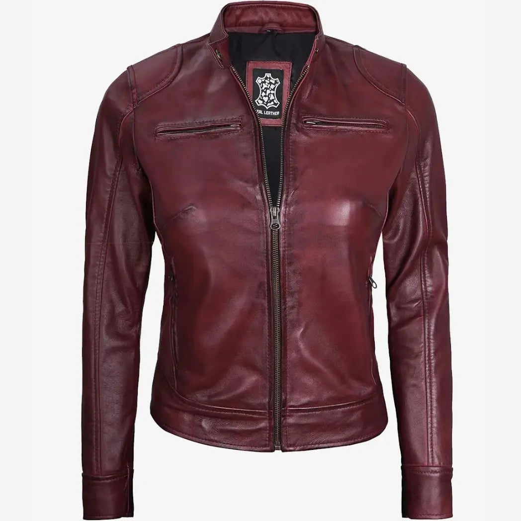 Sowachi Women's Real Lambskin Leather Burgundy Biker Style Jacket