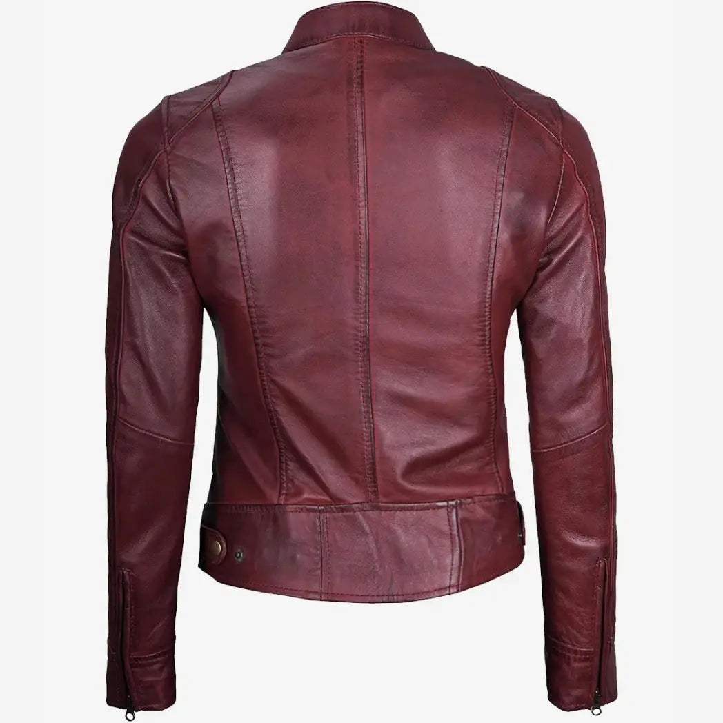 Sowachi Women's Real Lambskin Leather Burgundy Biker Style Jacket
