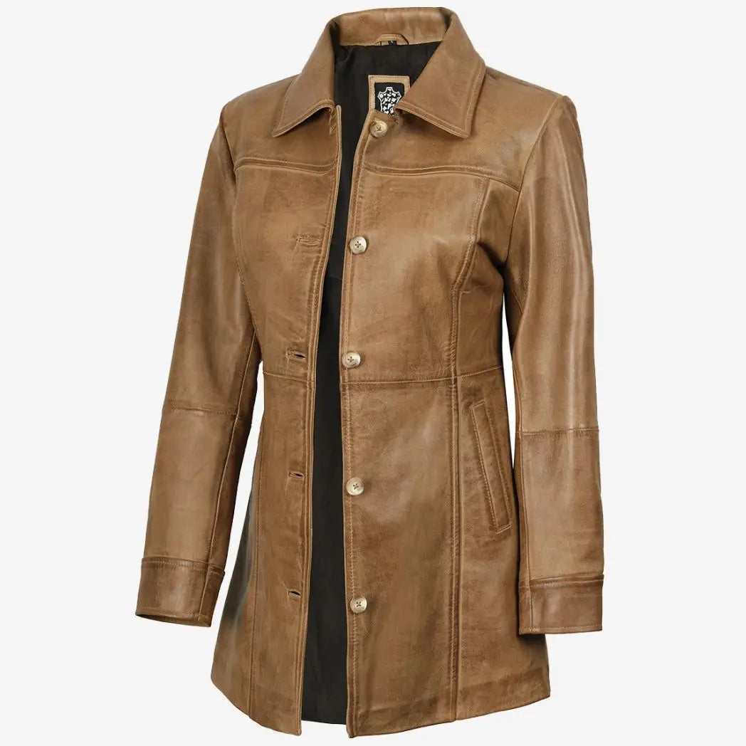 Sowachi Women's Real Lambskin Leather Camel Brown Coat