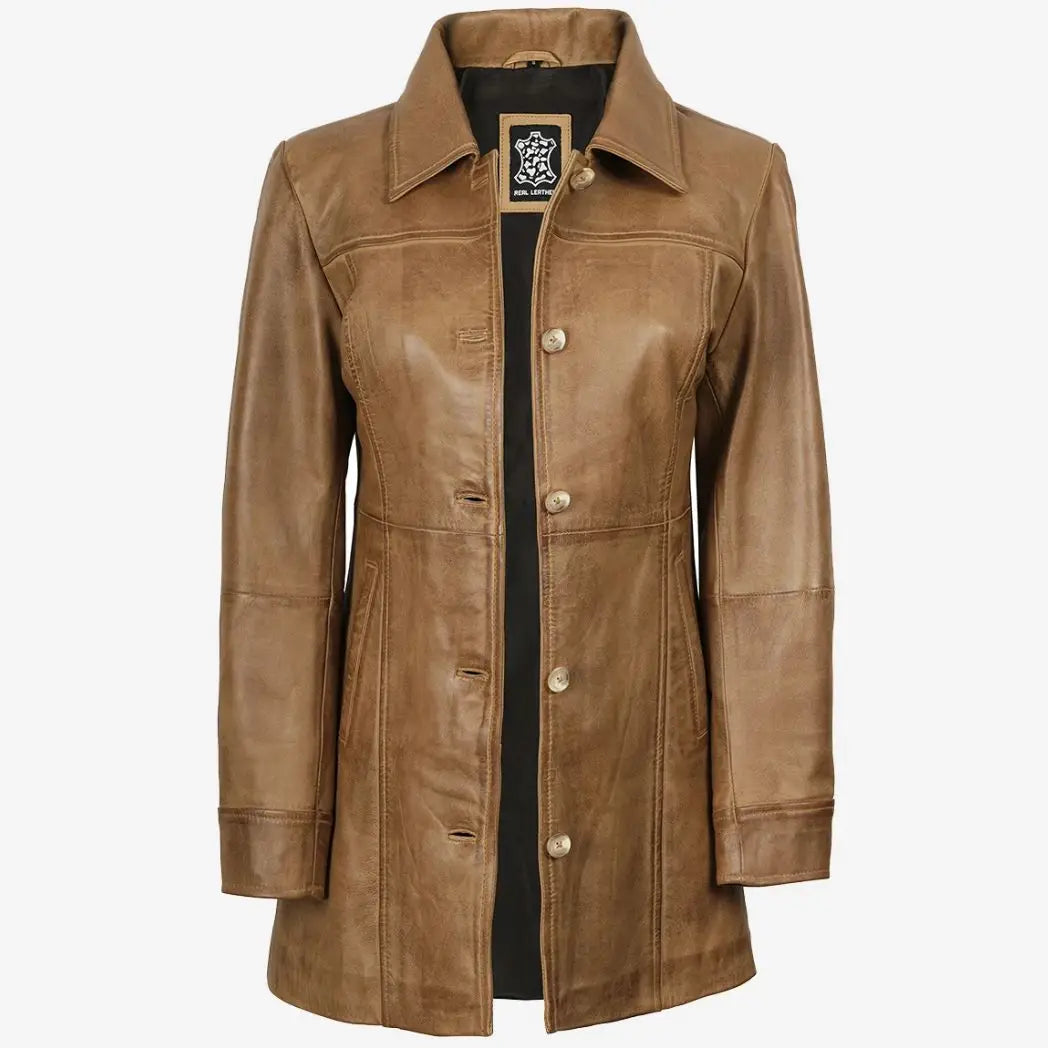 Sowachi Women's Real Lambskin Leather Camel Brown Coat