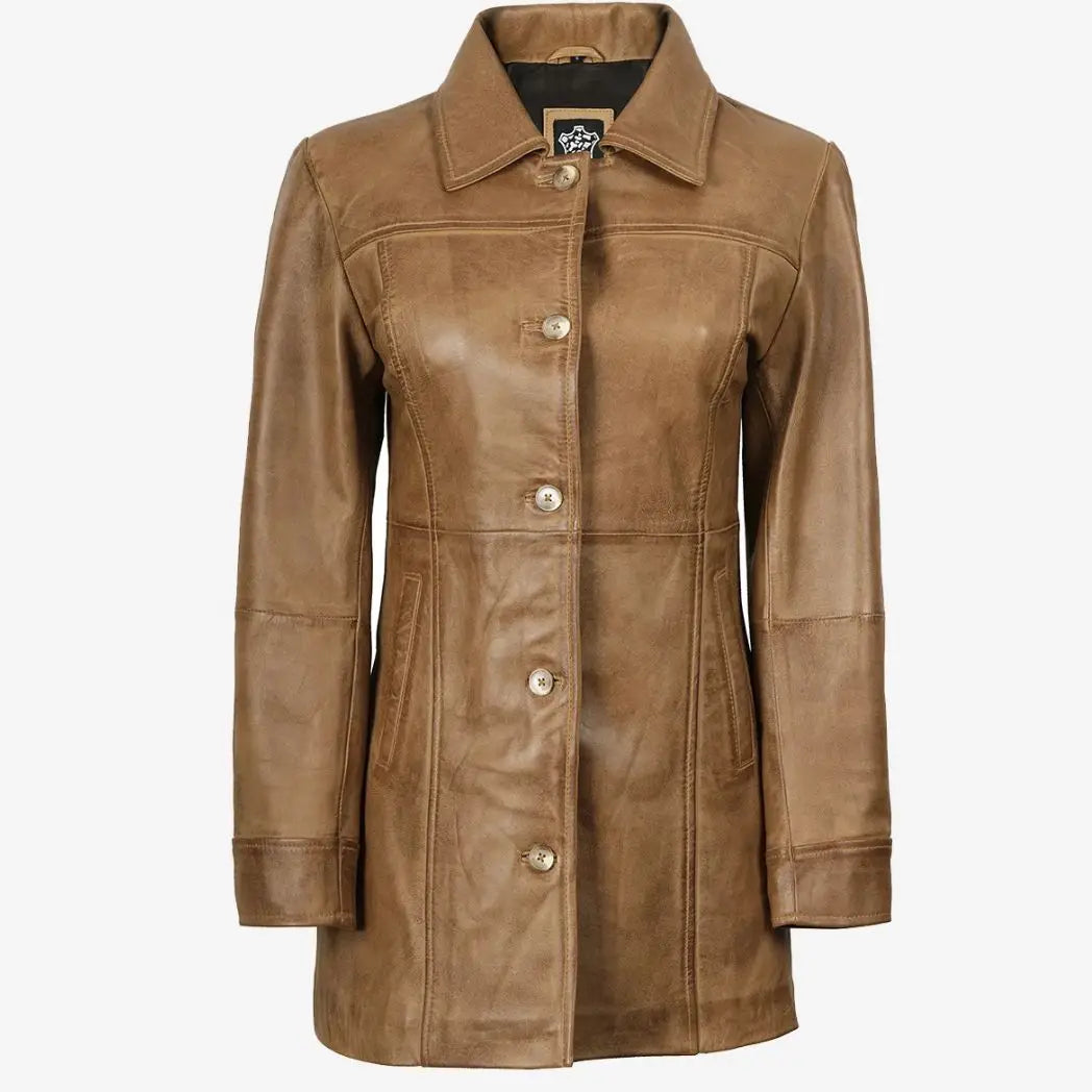 Sowachi Women's Real Lambskin Leather Camel Brown Coat