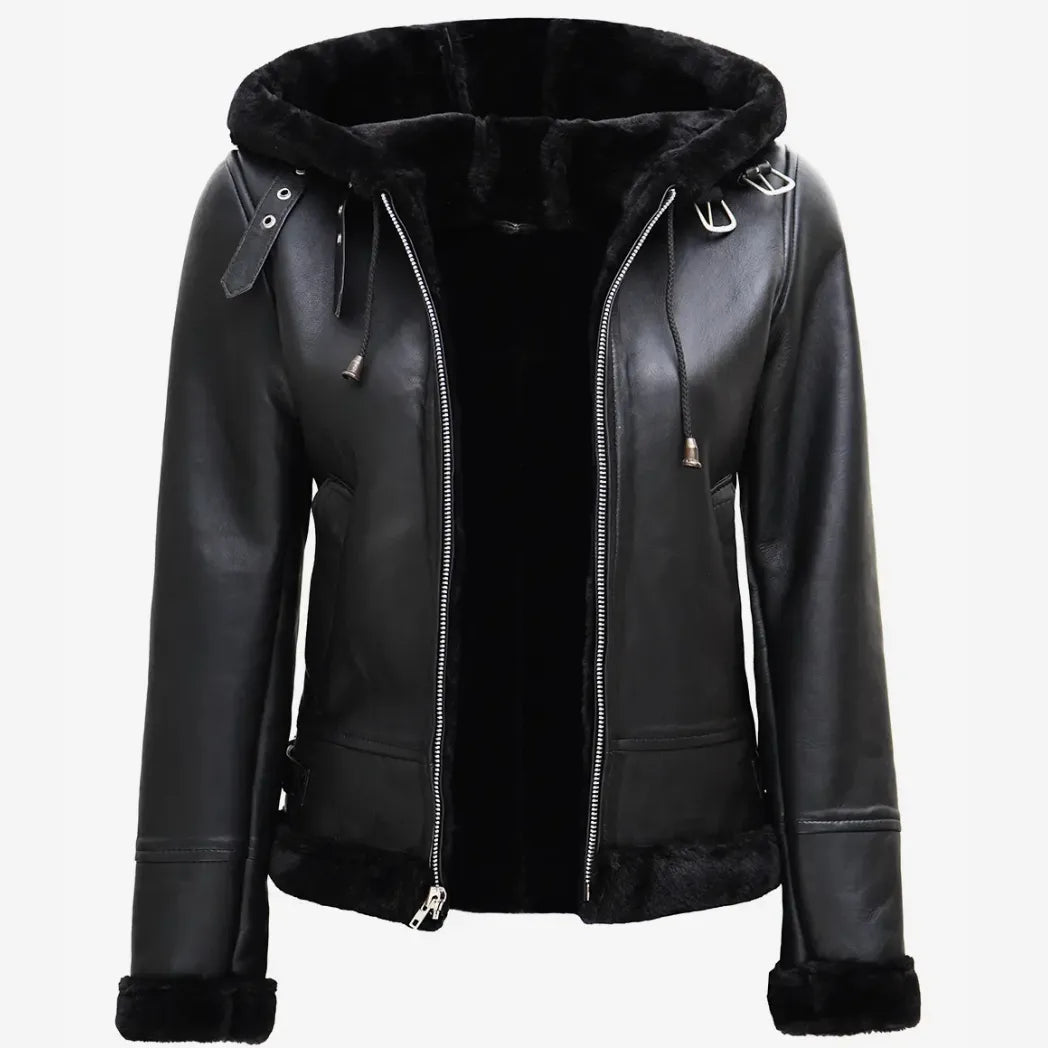 Sowachi Women's Real Lambskin Leather Hooded Black Shearling Jacket