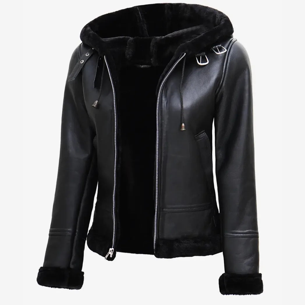 Sowachi Women's Real Lambskin Leather Hooded Black Shearling Jacket