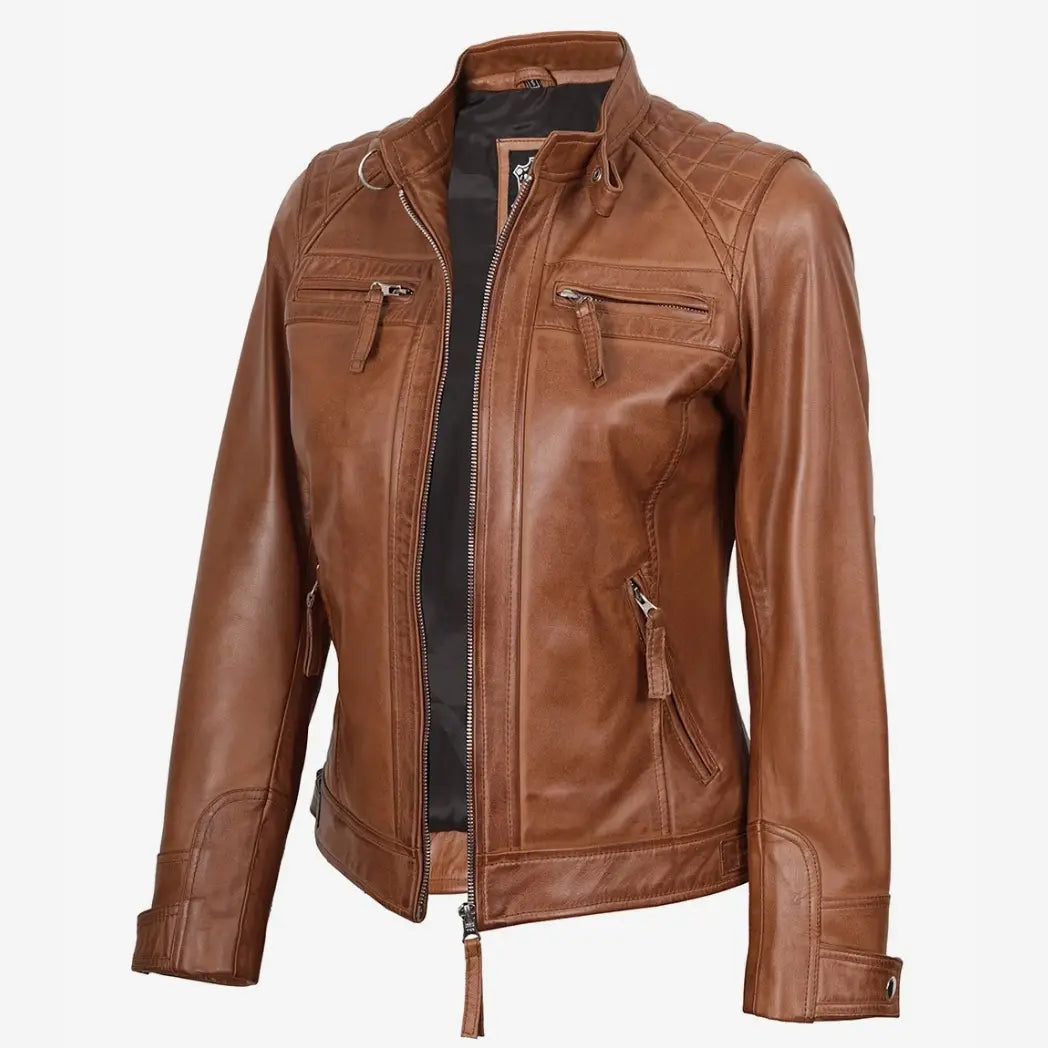 Sowachi Women's Real Lambskin Leather Tan Quilted Biker Style Jacket
