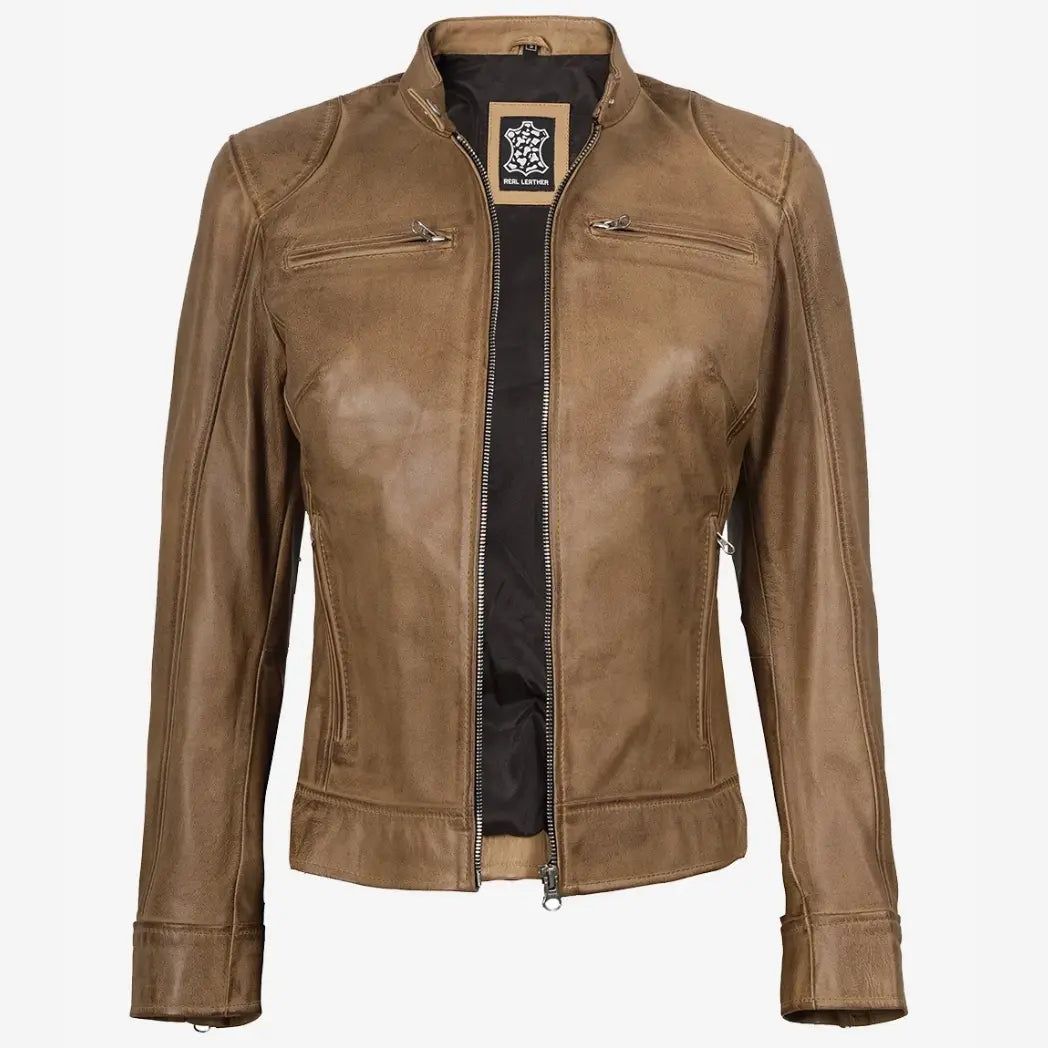 Sowachi Women's Real Leather Camel Biker Style Jacket