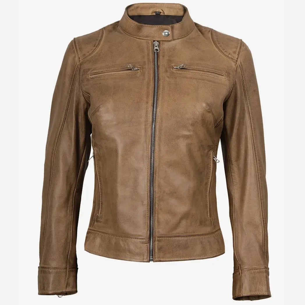 Sowachi Women's Real Leather Camel Biker Style Jacket