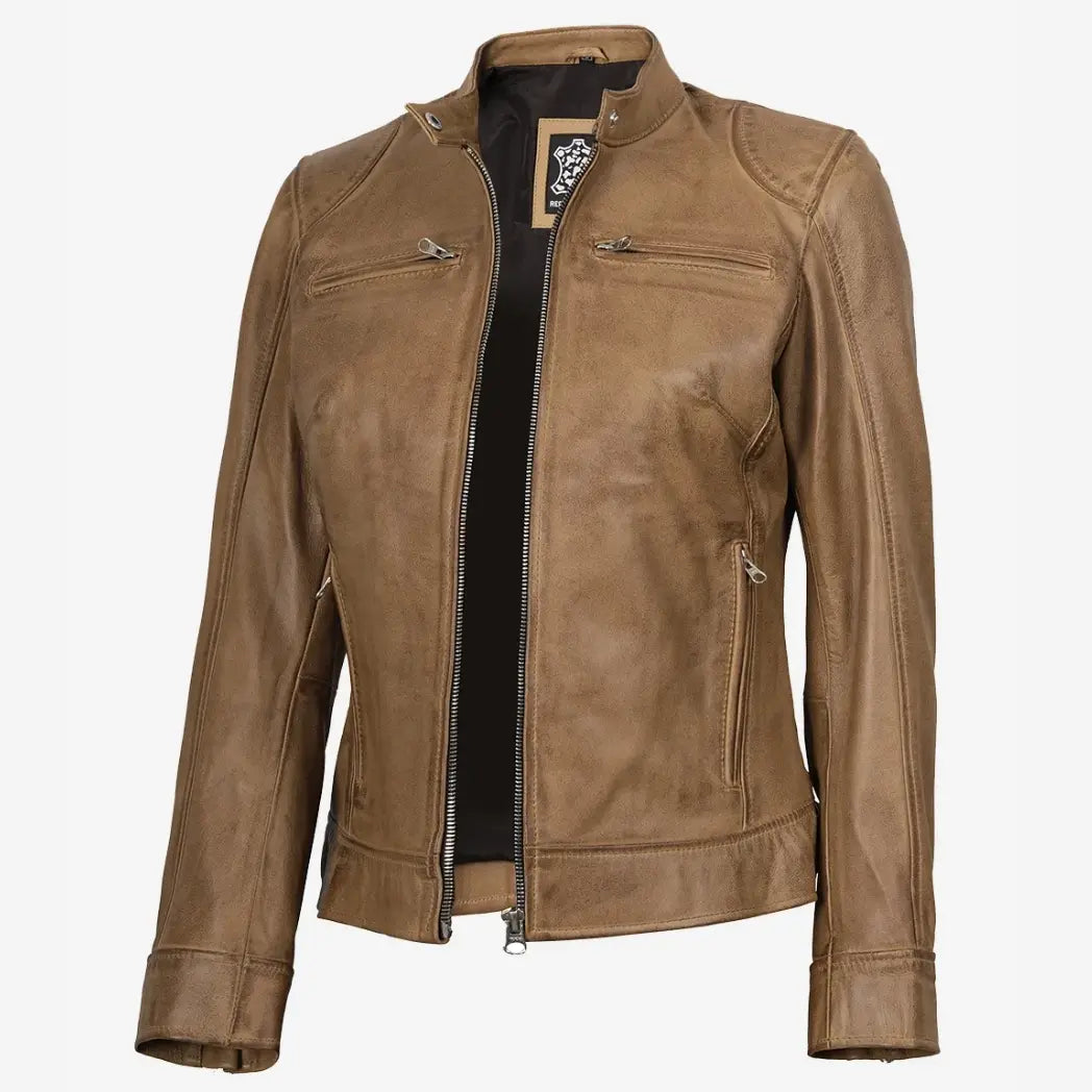 Sowachi Women's Real Leather Camel Biker Style Jacket