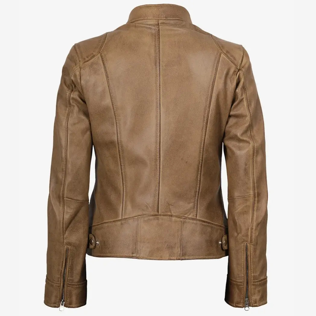 Sowachi Women's Real Leather Camel Biker Style Jacket