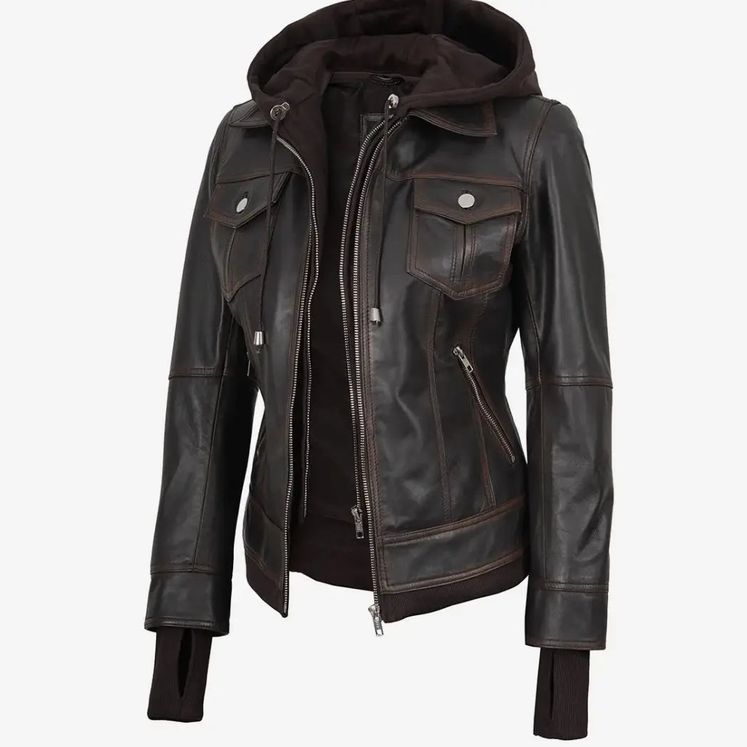 Sowachi Women's Distressed Brown Leather Bomber Jacket with Removable Hood