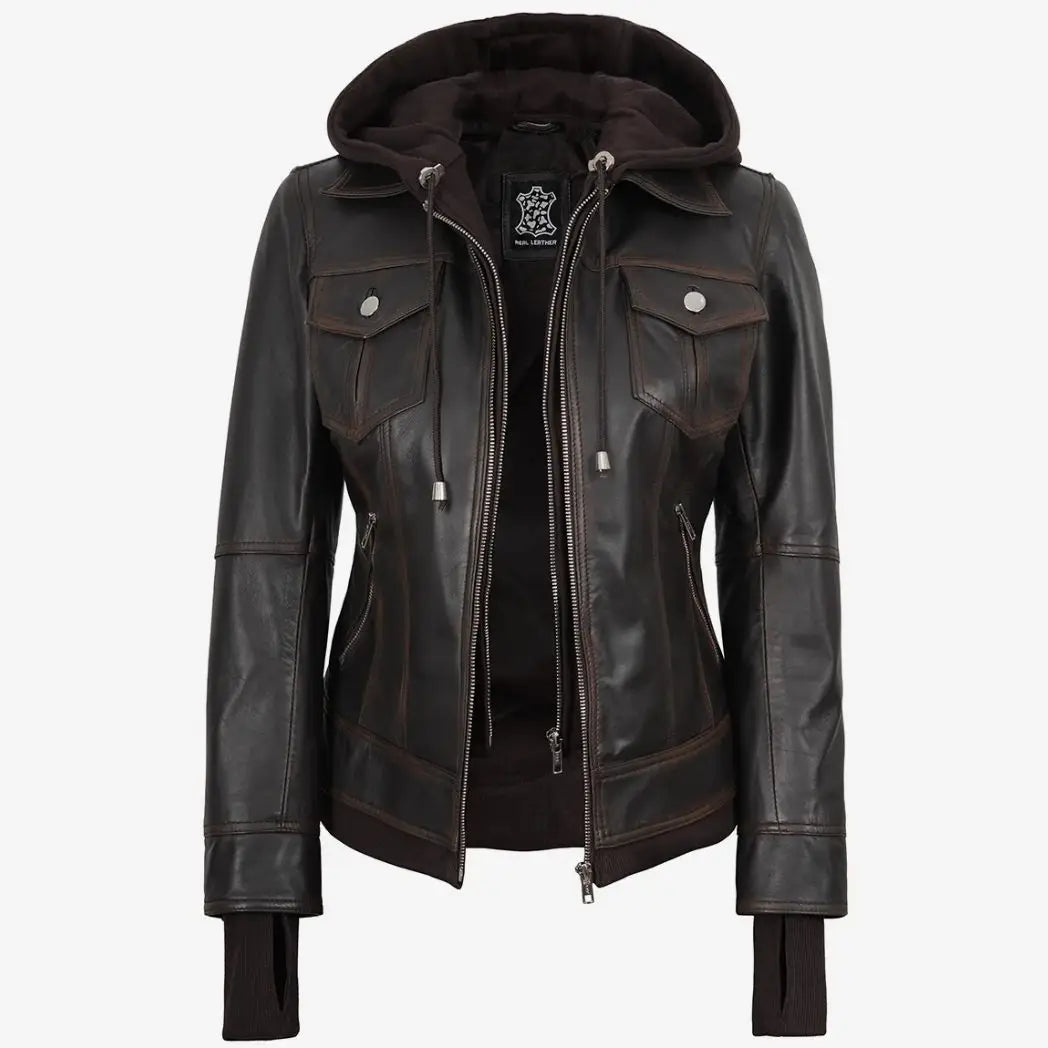 Sowachi Women's Distressed Brown Leather Bomber Jacket with Removable Hood