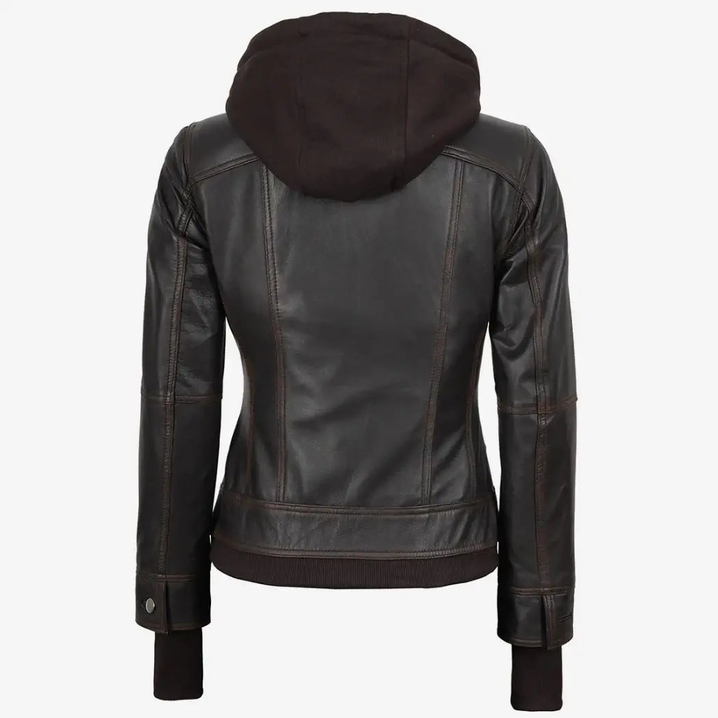 Sowachi Women's Distressed Brown Leather Bomber Jacket with Removable Hood
