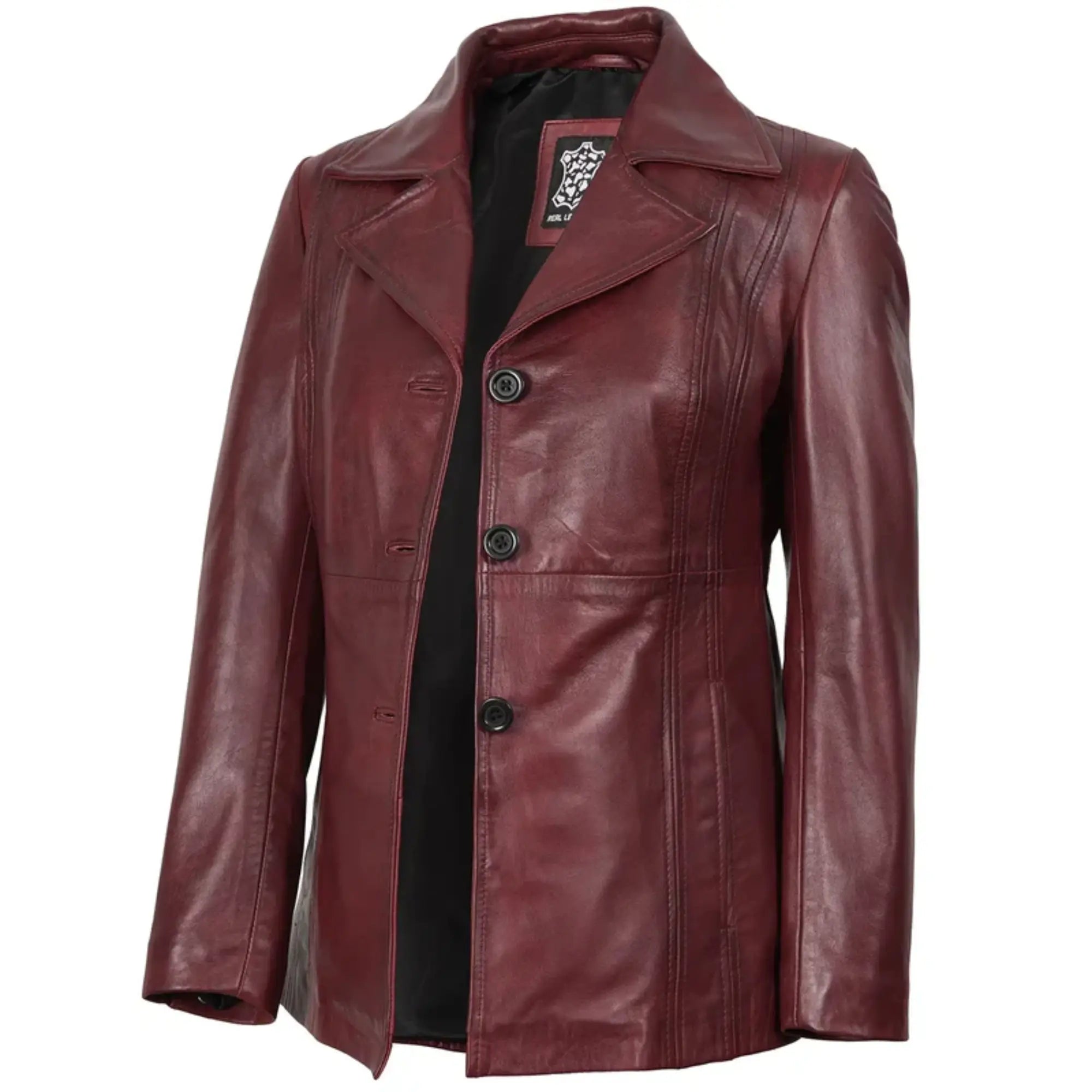 Sowachi Marvelle - Women's Maroon Three Button Leather Blazer