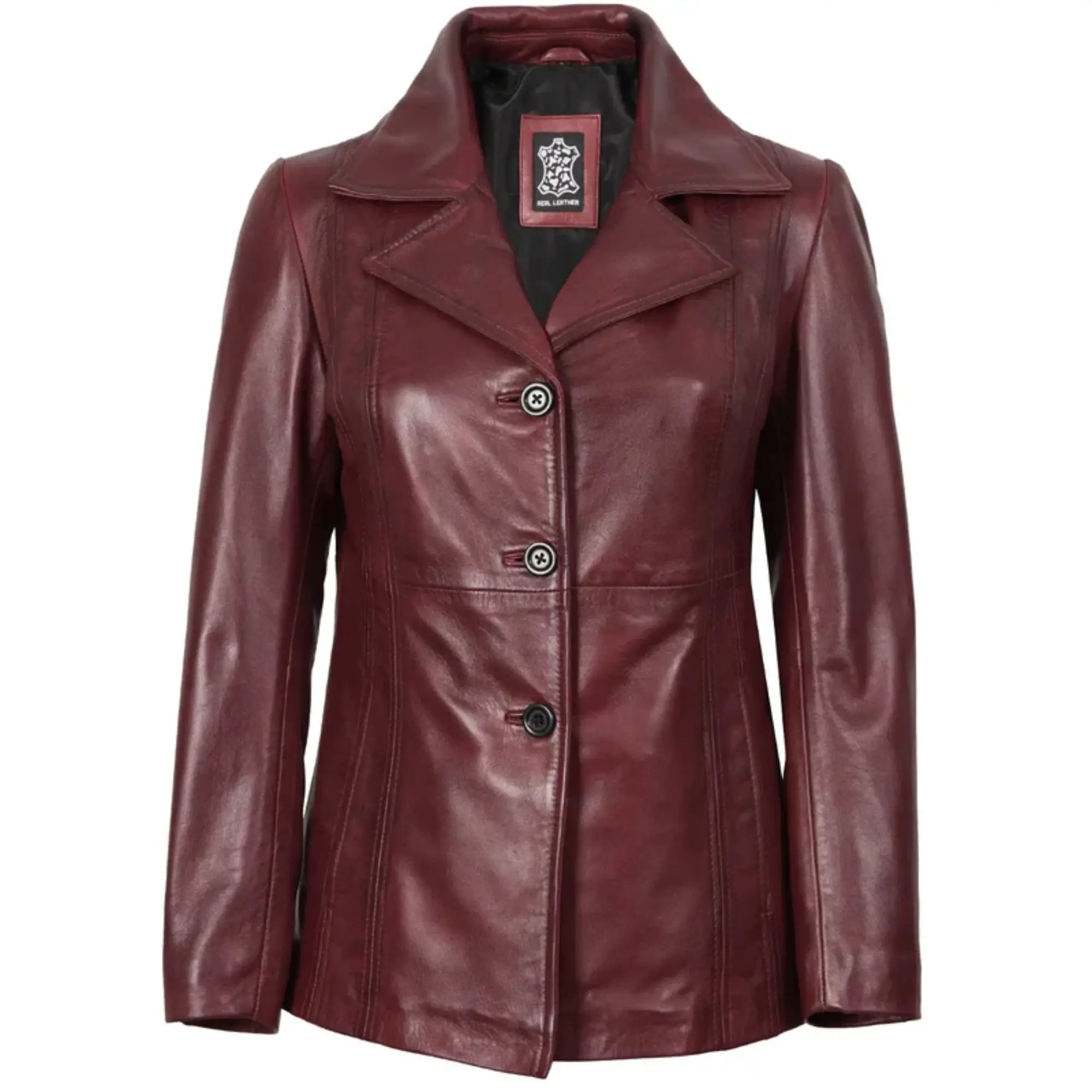 Sowachi Marvelle - Women's Maroon Three Button Leather Blazer