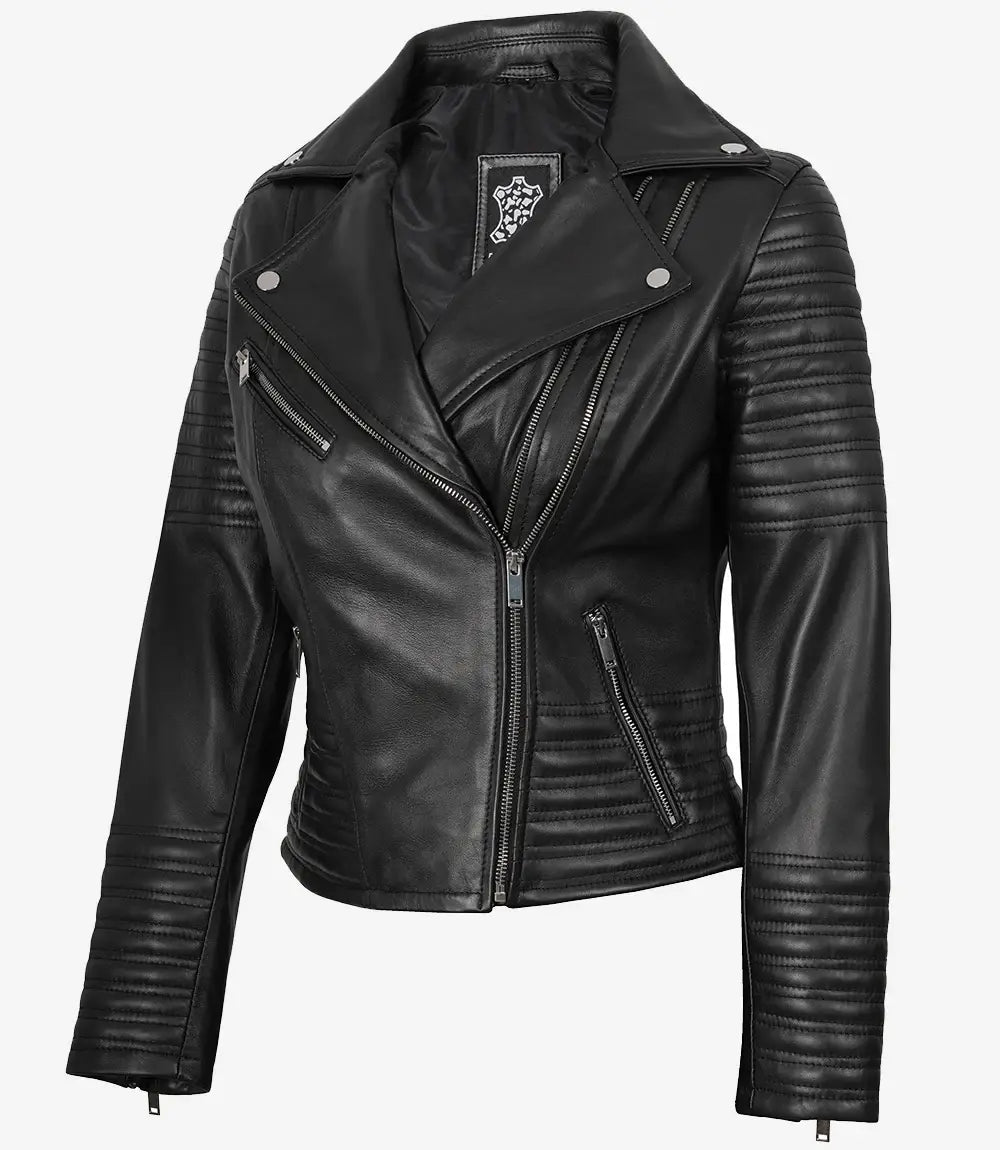 Sowachi Women's Real leather Black Asymmetrical Biker Style Jacket