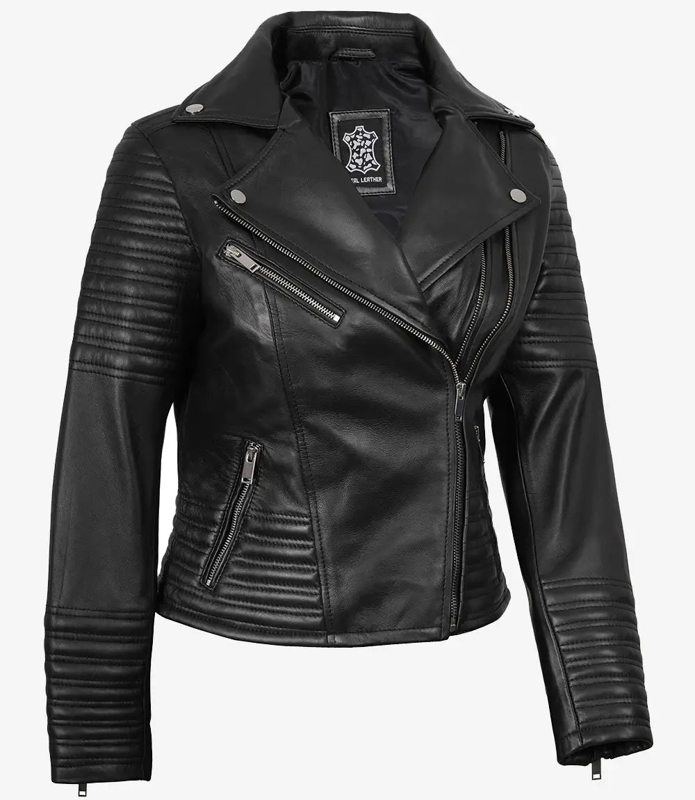 Sowachi Women's Real leather Black Asymmetrical Biker Style Jacket