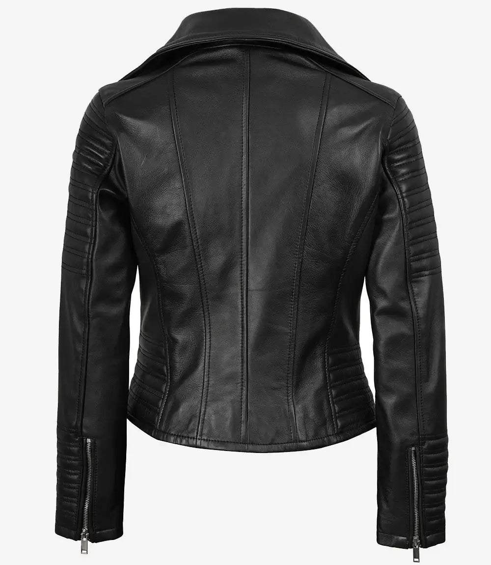 Sowachi Women's Real leather Black Asymmetrical Biker Style Jacket