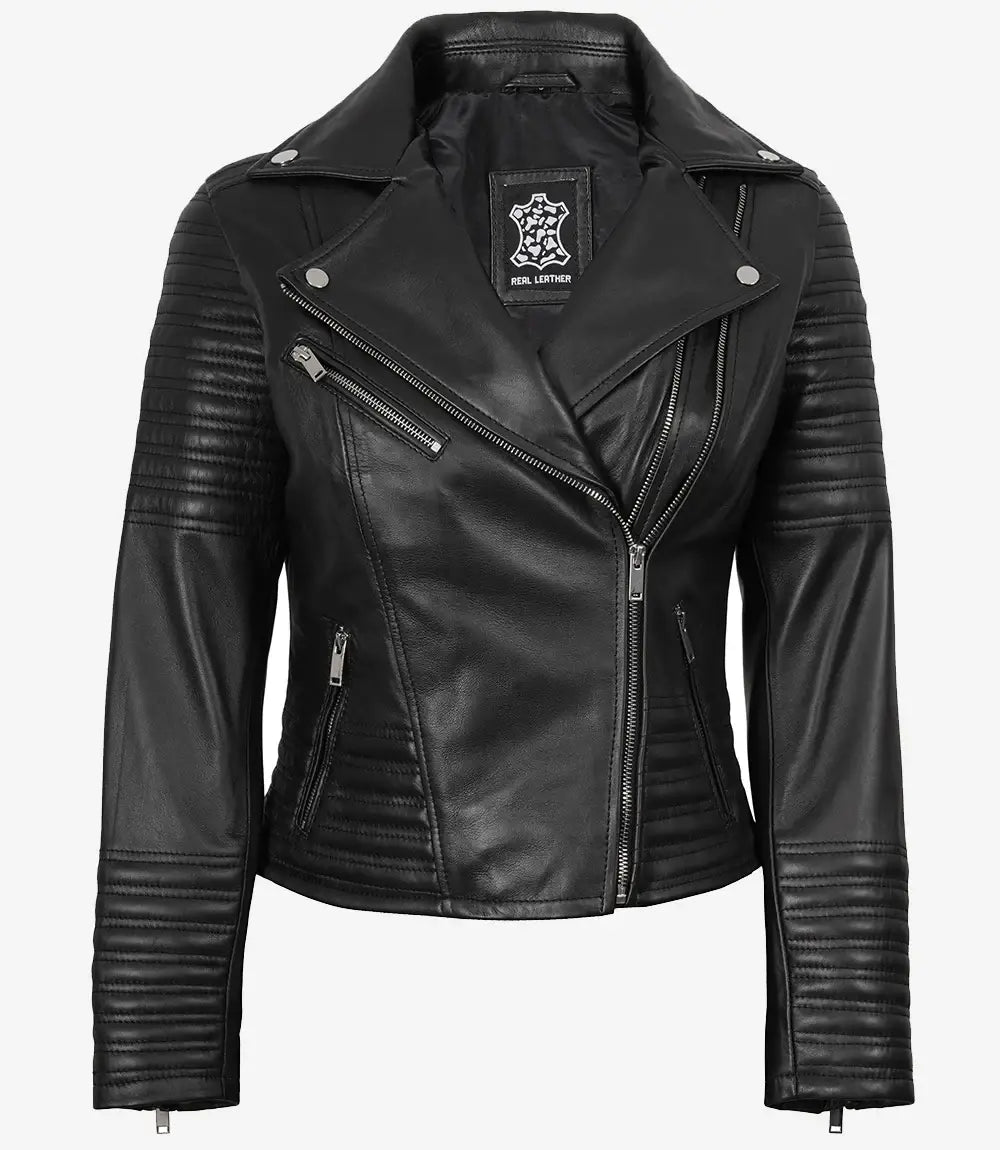 Sowachi Women's Real leather Black Asymmetrical Biker Style Jacket