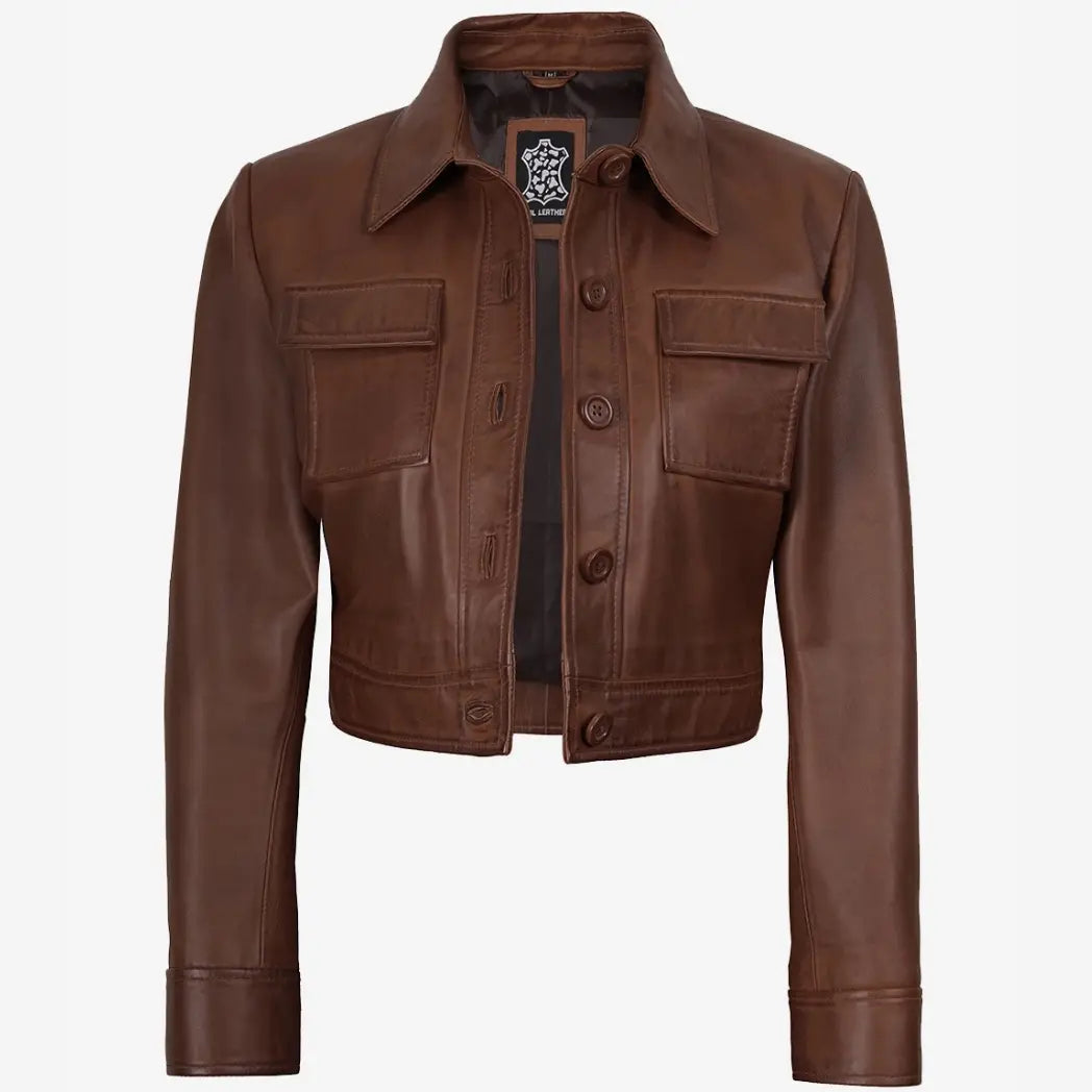 Sowachi Women's Real leather Cognac Cropped Trucker Jacket
