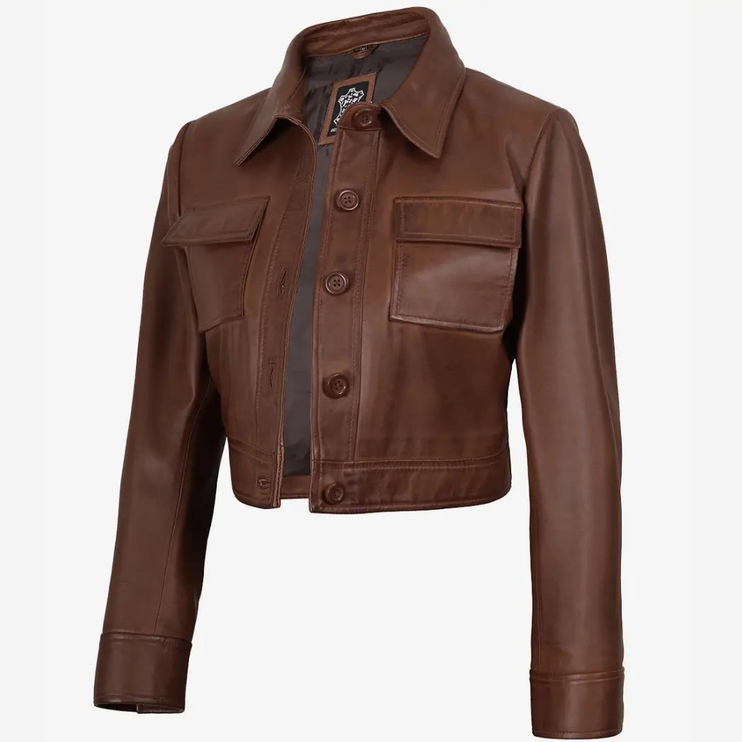 Sowachi Women's Real leather Cognac Cropped Trucker Jacket