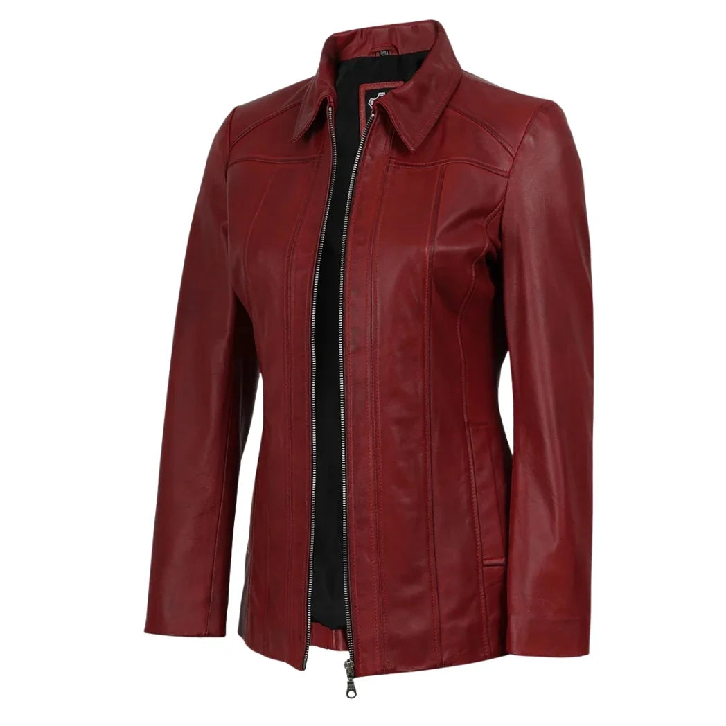 Sowachi Women's Red 3/4 Sheepskin Leather Car Coat
