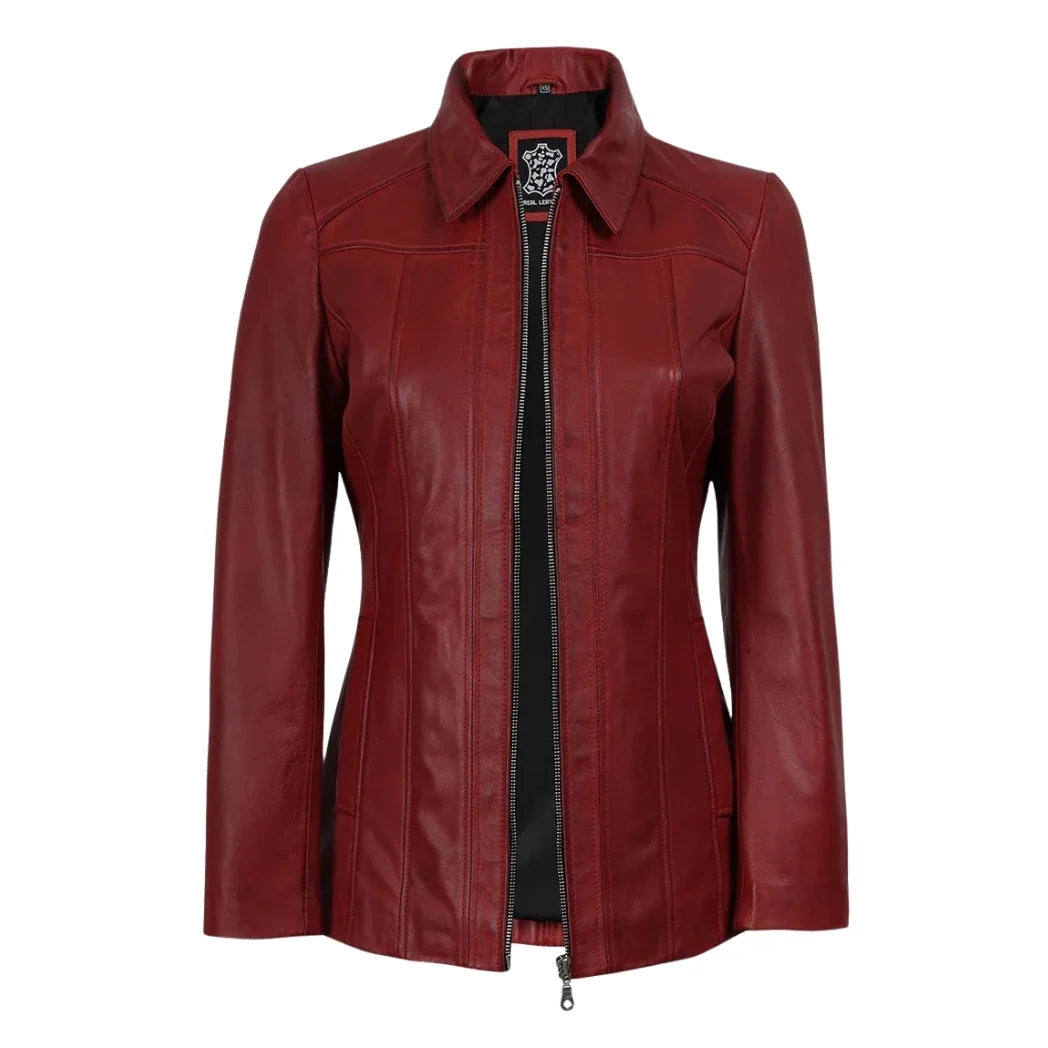 Sowachi Women's Red 3/4 Sheepskin Leather Car Coat