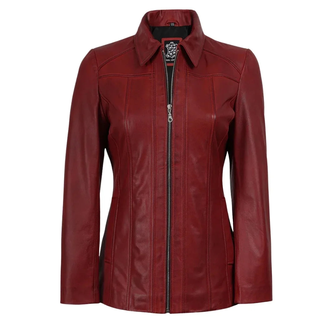 Sowachi Women's Red 3/4 Sheepskin Leather Car Coat
