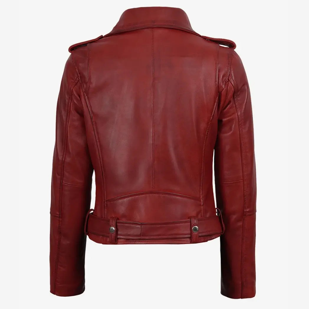 Sowachi Women's Red Belted Biker Style Lambskin Leather Jacket