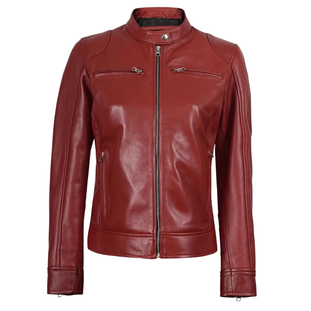 Women's  Red Biker Style Sheepskin Leather Jacket