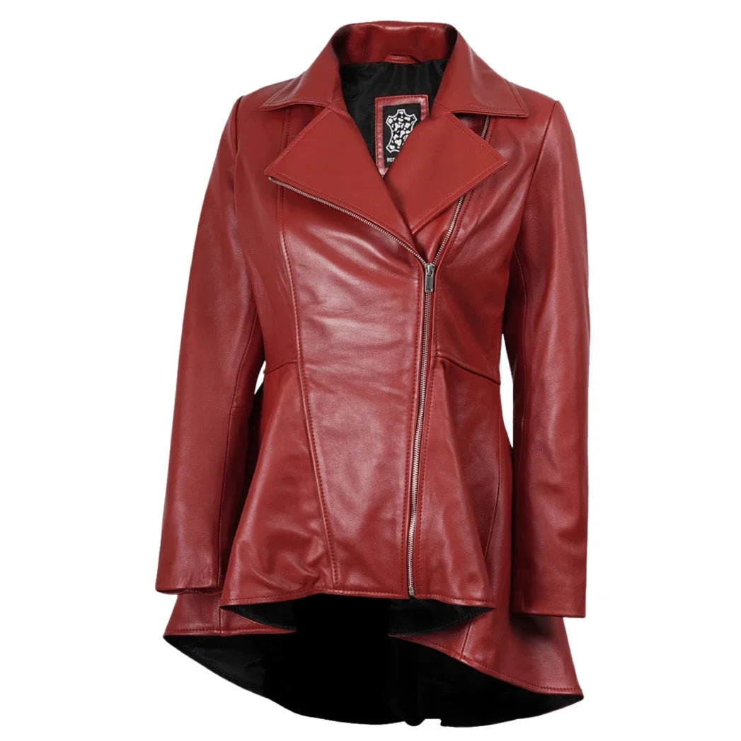 Sowachi Women's Red Leather Peplum Jacket with Asymmetrical Zip Closure