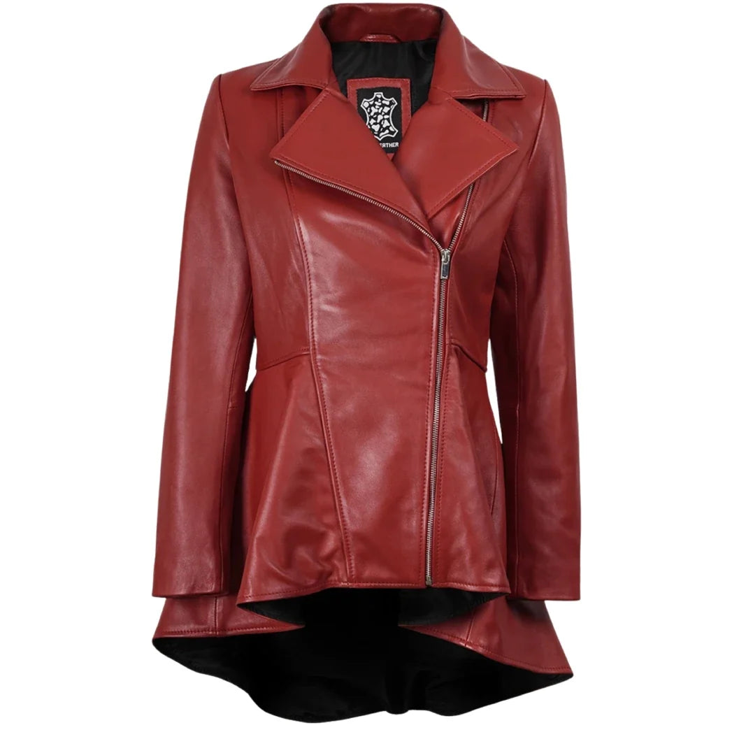 Sowachi Women's Red Leather Peplum Jacket with Asymmetrical Zip Closure