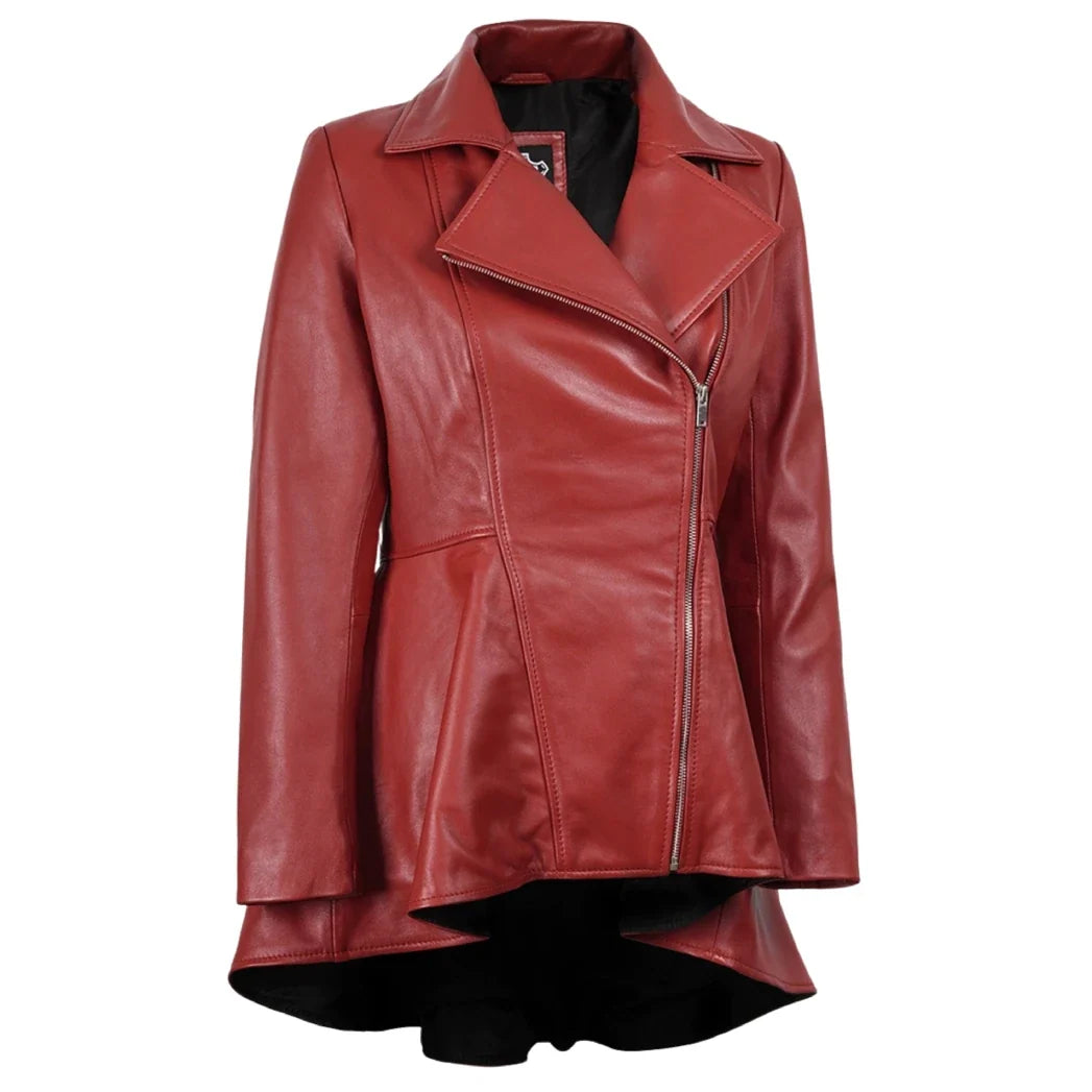 Sowachi Women's Red Leather Peplum Jacket with Asymmetrical Zip Closure