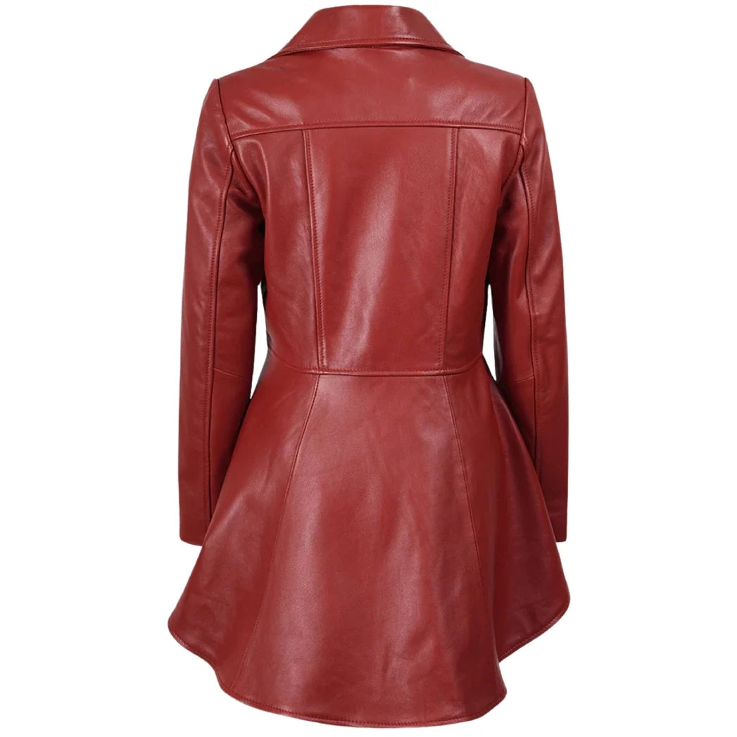 Sowachi Women's Red Leather Peplum Jacket with Asymmetrical Zip Closure