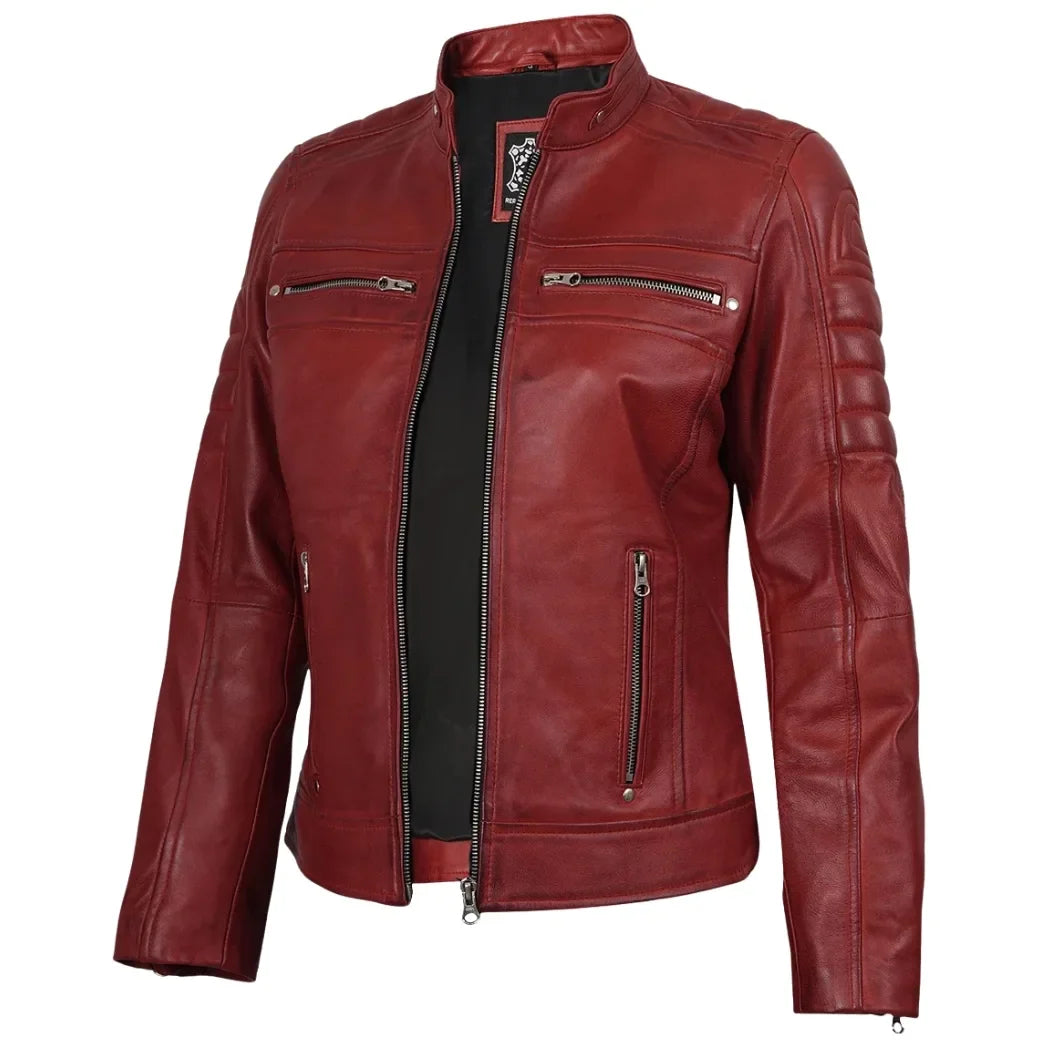 Sowachi Women's Red Waxed Biker Style Sheepskin Leather Jacket