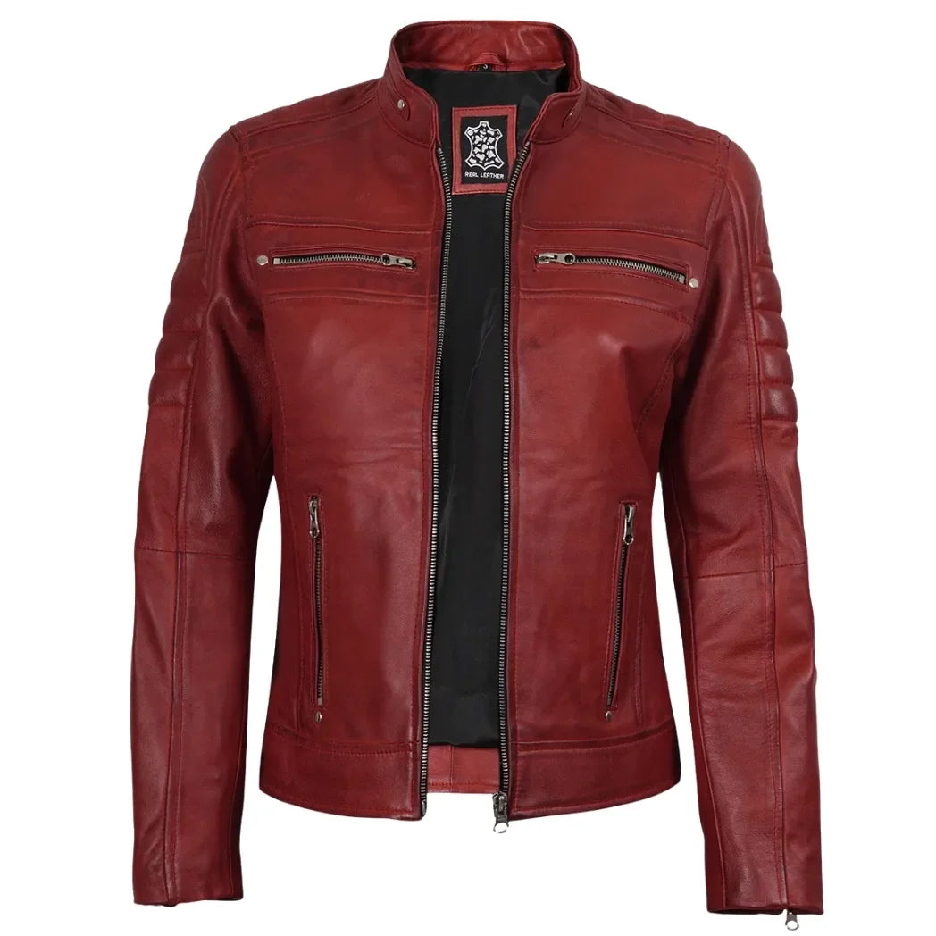 Sowachi Women's Red Waxed Biker Style Sheepskin Leather Jacket