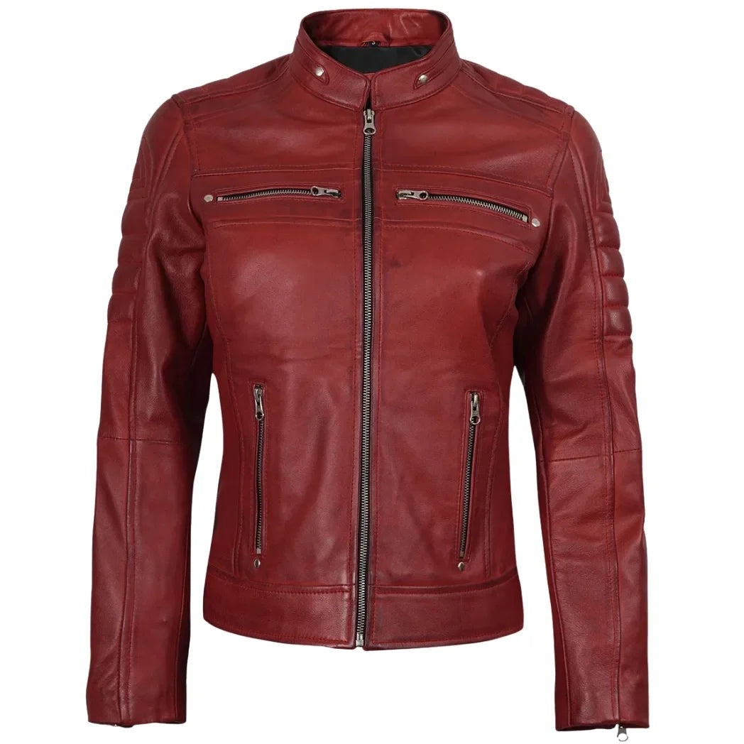 Sowachi Women's Red Waxed Biker Style Sheepskin Leather Jacket